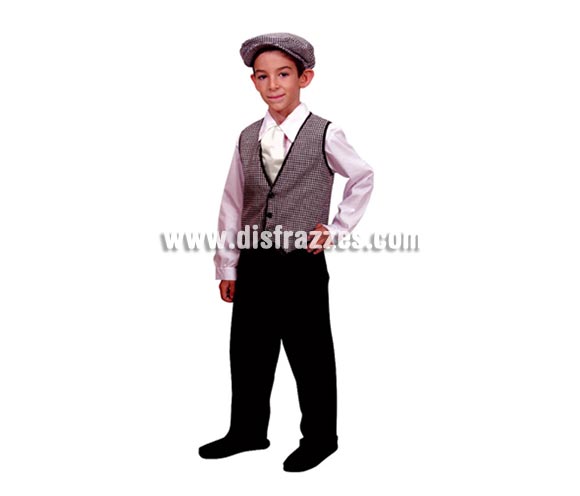 Disfraz de Madrileño para niños de 10 a 12 años. Incluye chaleco, pantalón, camisa, pañuelo y gorra. Éste traje de Chulapo infantil es ideal para la Feria de San Isidro de Madrid.