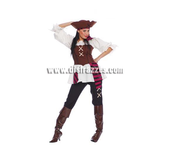 Disfraz de Pirata adulta para chicas. Talla standar válida hasta la 42/44. Incluye sombrero, cinta de la cabeza, camisa, pantalón y cubrebotas.