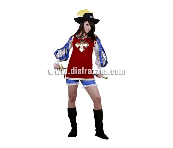Disfraz barato de Mosquetera para chicas. Talla standar 38/42. Incluye casaca, pantalones y cubrebotas. Accesorios NO incluidos, podrás verlos en la sección Complementos. Disfraz Sexy de Mosquetera para mujer.