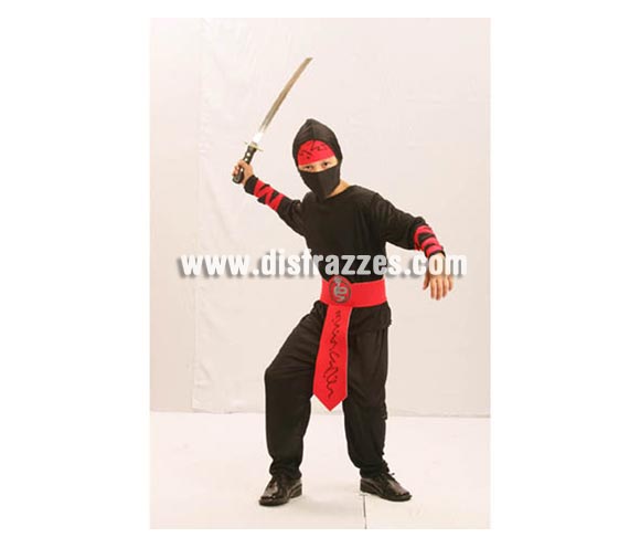 Disfraz barato de Ninja para niños de 5 a 6 años. Incluye pantalones, cinturón, cintas para los brazos, capucha, máscara y banda para la cabeza.