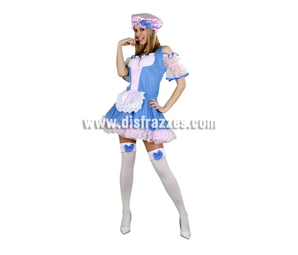 Disfraz barato de Pastorcilla Sexy inocente para mujer. Talla standar 38/42. Incluye vestido, gorrito y ligas.