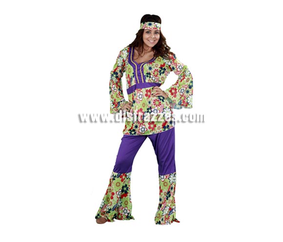 Disfraz barato de Hippie para chicas. Talla standar 38/42. Incluye camisa, pantalón y cinta de la cabeza. Paz y Amor!! Disfraz de chica Hippy para mujer.