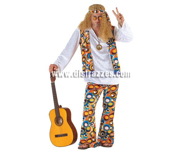Disfraz de Hippie para hombre. Talla 54. Incluye camisa, pantalón, cinta y peluca.
