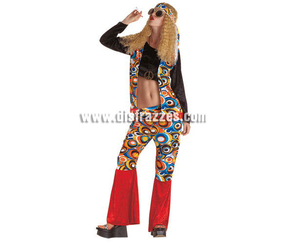 Disfraz de Hippie para mujer. Talla 44. Incluye camisa, pantalón, cinta y peluca.