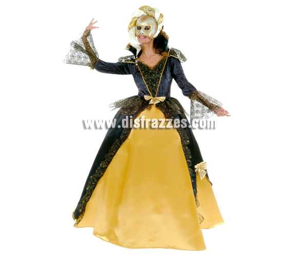 Disfraz de Marquesa dorado y negro para mujer. Talla 44. Incluye disfraz. Máscara NO incluida, podrás ver algunas en la sección de Máscaras y Caretas.