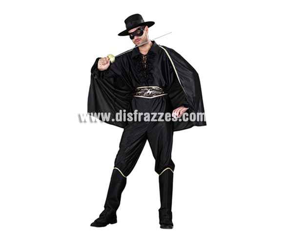 Disfraz de Héroe Enmascarado para hombre. Talla standar M-L 52/54. Incluye sombrero, capa, camisa, pantalón, cubrebotas y cinturón. Espada y antifaz NO incluidos, los verás en Complementos. Con éste disfraz tan cachondo, harás el Zorro todo lo que puedas y más, jejeje.