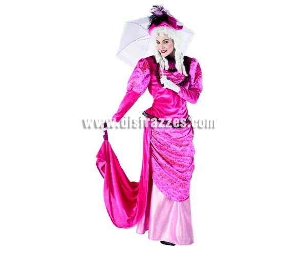Disfraz de Dama Rosa para mujer. Talla standar, válida hasta la 44. Incluye disfraz y sombrero sin complementos. Disfraz de Dama del Siglo XVIII.