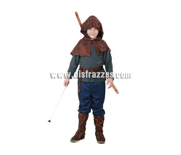 Disfraz de Robin Hood para niños de 5 a 6 años. Incluye camisa, capelina con capucha, pantalones y cubrebotas. Bonito disfraz del auténtico Héroe de los Bosques de Sherwood. Arco y flecha NO incluidos.