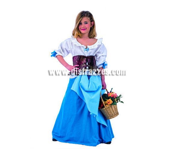 Disfraz de Tabernera Medieval Celeste para niñas. Varias tallas. Incluye camisa, corpiño y falda. Cesta NO incluida.