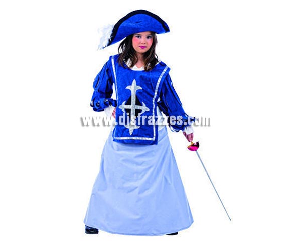 Disfraz de Mosquetera Julietta Deluxe para niñas. Alta calidad, hecho en España. Disponible en varias tallas. Incluye casaca con camisa, falda y gorro. Espada NO incluida, podrás encontrarla en nuestra sección de Complementos.