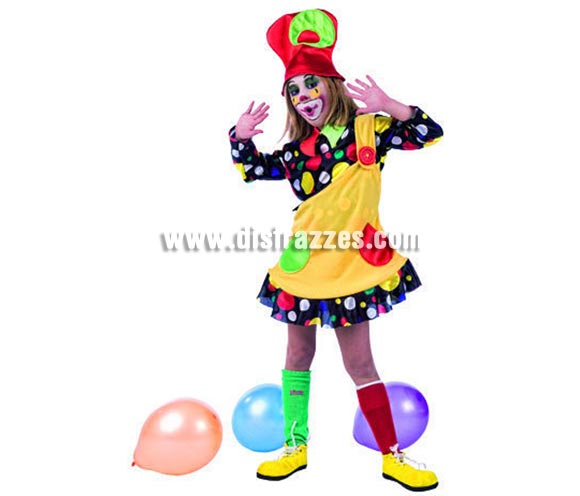 Disfraz de Payasa Lunares Deluxe para niñas. Alta calidad, hecho en España. Incluye camisa, vestido y gorro. Medias y zapatones no incluidos, podrás encontrar zapatones en nuestra sección de complementos.