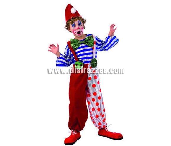 Disfraz de Payaso Goloso Deluxe para niños. Alta calidad, hecho en España. Incluye camisa con pajarita, pantalón y gorro. Zapatones no incluidos, podrás encontrarlos en la sección de complementos.