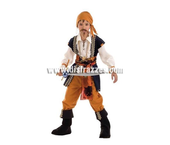Disfraz de Pirata Malvado Deluxe para niños. Alta calidad, hecho en España. Disponible en varias tallas. Incluye camisa con chaleco y cinturón, pantalón, pañuelo y cubrebotas. Sable pirata no incluido, podrás encontrar sables piratas en la sección de complementos.