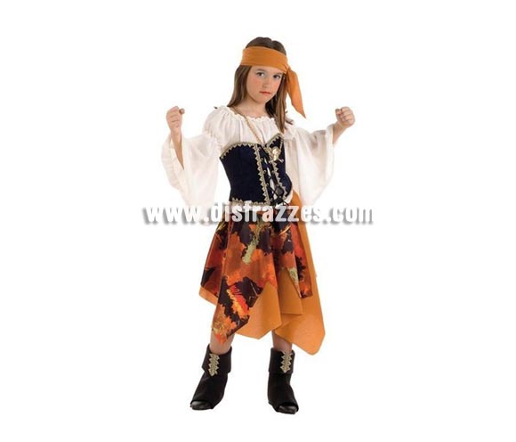 Disfraz de Pirata Malvada Deluxe para niña. Alta calidad, hecho en España. Disponible en varias tallas. Incluye camisa, corpiño, falda, cubrebotas y pañuelo.