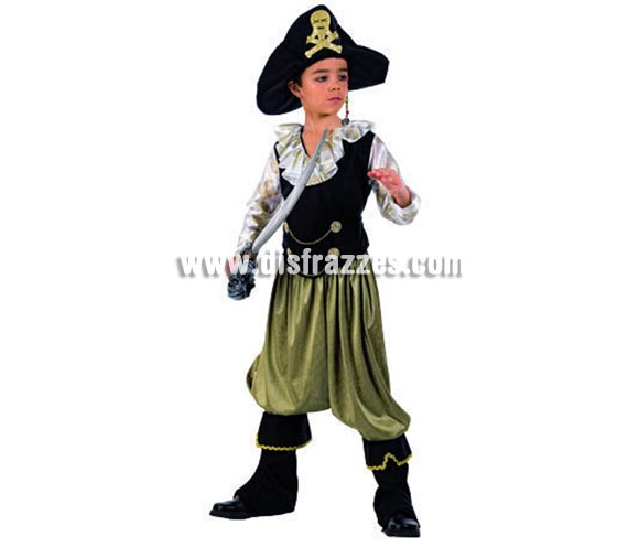 Disfraz Pirata Aventurero Deluxe para niños. Alta calidad, hecho en España. Disponible en varias tallas. Incluye camisa con chaleco, pantalón, gorro y cubrebotas. Espada NO incluida, podrás encontrar espadas en la sección de Complementos.