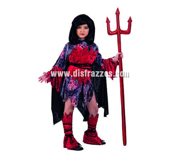 Disfraz de Diablesa Lucifer Deluxe para niñas. Alta calidad, hecho en España. Varias tallas. Incluye vestido con capa, corpiño y cubrebotas. Tridente NO incluido, podrás encontrar tridentes en la sección de Complementos.
