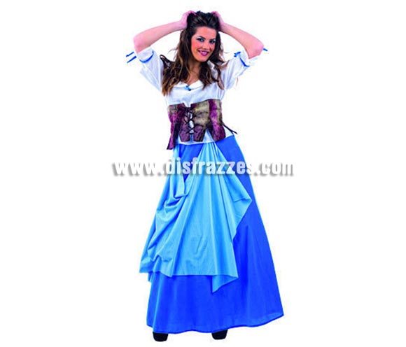 Disfraz de Tabernera Medieval Celeste Deluxe para mujer. Alta calidad, hecho en España. Disponible en varias tallas. Incluye camisa, corpiño y falda.