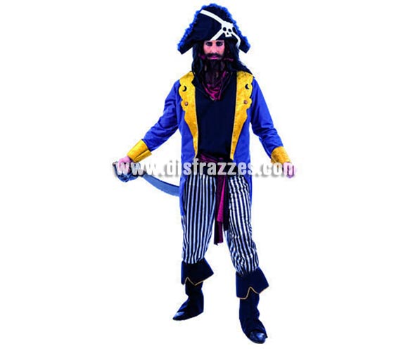 Disfraz de Pirata Bucanero Deluxe para hombre. Alta calidad, hecho en España. Disponible en varias tallas. Incluye chaqueta con camisa, pantalón, fajín, cubrebotas, pañuelo y gorro. Espada NO incluida, podrás encontrar espadas en la sección de Complementos. Éste disfraz hace pareja con la ref.MA011LI.