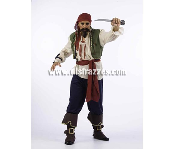 Disfraz de Pirata Saqueador Deluxe para hombre. Alta calidad, hecho en España. Disponible en varias tallas. Incluye camisa con chaleco, fajín, pantalón, pañuelo y cubrebotas. Sable NO incluido, podrás encontrar sables o espadas en la sección de Complementos.