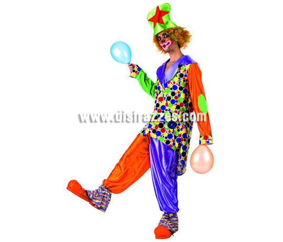 Disfraz de Payaso Lunares Deluxe para hombre. Alta calidad, hecho en España. Disponible en varias tallas. Incluye chaqueta, pantalón y gorro. Peluca y zapatones NO incluidos, podrás encontrar pelucas y zapatones en la sección de Complementos.