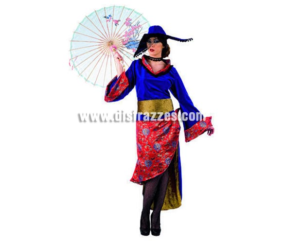 Disfraz de Continente Asia Deluxe para mujer. Alta calidad, hecho en España. Disponible en varias tallas. Incluye camisa, falda, gorro y cinturón. Sombrilla NO incluida, podrás encontrar sombrillas en la sección de Complementos.