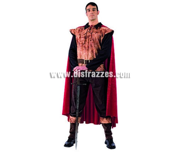 Disfraz de Principe Medieval Deluxe para hombre. Alta calidad, hecho en España. Disponible en varias tallas. Incluye chaleco con camisa, capa, pantalón, cinturón y polainas. Espada NO incluida, podrás encontrar espadas en la sección de Complementos.