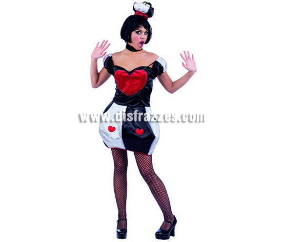 Disfraz de Poker de Corazones Deluxe para mujer. Alta calidad, hecho en España. Disponible en varias tallas. Incluye vestido, cuello y gorrito.