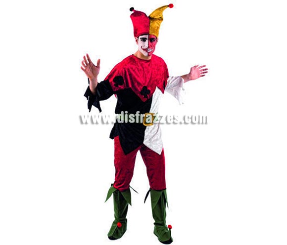 Disfraz de Joker Poker Deluxe para hombre. Alta calidad, hecho en España. Disponible en varias tallas. Incluye camisa con capelina, pantalón, cinturón, gorro y cubrebotas.