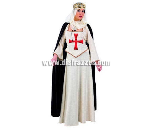Disfraz de Señora del Temple Deluxe para mujer. Alta calidad, hecho en España. Disponible en varias tallas. Incluye camisa, capa, falda y velo de la cabeza. Corona NO incluida, podrás encontrar coronas en la sección de Complementos. Este bonito disfraz de Templaria es ideal para fiestas o ferias medievales.
