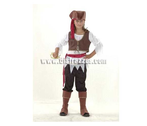 Disfraz de Pirata Niña Económico talla de 10 a 12 años. Incluye camisa, chaleco, pantalón, cubrebotas, sombrero, cinturón y cinta para el cabello. Espada NO incluida, podrás verla en la sección de Complementos.