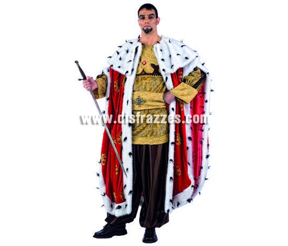 Disfraz de Rey Medieval Capa Roja Deluxe para hombre. Alta calidad, hecho en España. Disponible en varias tallas. Incluye casaca, capa, pantalón y cinturón. Espada NO incluida, podrás encontrar espadas en la sección de Complementos.