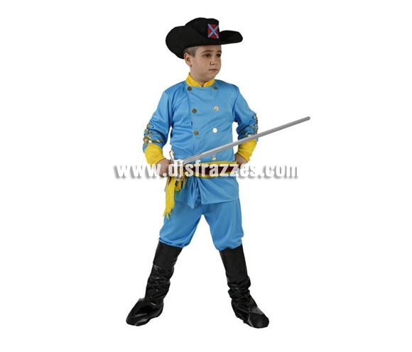 Disfraz de Soldado Azul para niños de 5-6 años. Incluye camisa, pantalón, cinturón, cubrebotas y sombrero. Espada NO incluida, podrás encontrar espadas en la sección de Complementos.