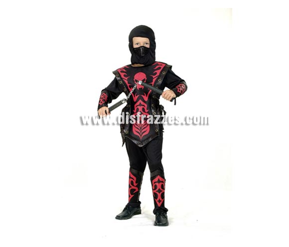 Disfraz de Ninja Rojo talla de 7 a 9 años. Incluye capucha, máscara, camiseta, armadura, pantalón, tiras para la cintúra, protectores de brazos y piernas y tiras para brazos y piernas. Luchako NO incluido, podrás verlo en la sección de Complementos. 
