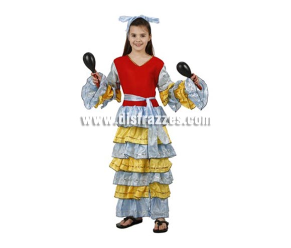 Disfraz de Brasileña, Caribeña o Rumbera para niñas de 5-6 años. Incluye vestido, cinturón y cinta de la cabeza. Maracas NO incluidas, podrás encontrar maracas en la sección de Complementos.