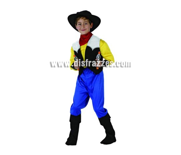 Disfraz Cowboy Musculoso para niños de 10-12 años. Incluye camisa con chaleco, pantalón con cubrebotas, pañuelo y sombrero.