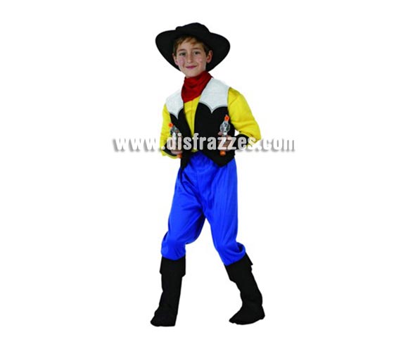 Disfraz Cowboy Musculoso para niños de 7-9 años. Incluye camisa, sombrero, pantalón, cubrebotas y pañuelo. Chaleco y pistolas NO incluidas.
