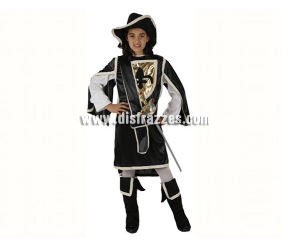 Disfraz de Mosquetera Negro para niñas de 5-6 años. Incluye traje, cubrebotas y sombrero. Espada NO incluida, podrás encontrar espadas en la sección de Complementos.