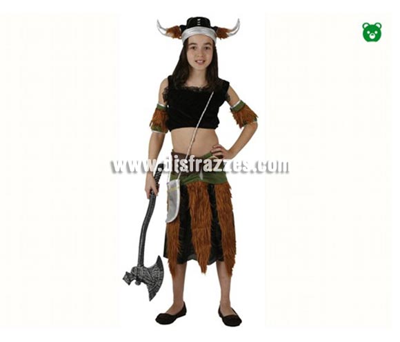 Disfraz de Vikinga para niñas de 3-4 años. Incluye falda, top, cubrebrazos y gorro. Hacha No incluida, podrás encontrar hachas en la sección de Complementos.