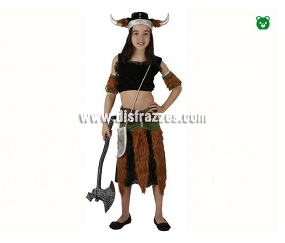 Disfraz de Vikinga para niñas de 7-9 años. Incluye falda, top, cubrebrazos y gorro. Hacha No incluida, podrás encontrar hachas en la sección de Complementos.