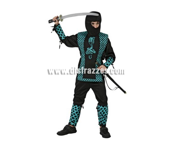 Disfraz de Guerrero Ninja Cobra para niños de 10-12 años. Incluye pantalón, casaca, protectores para brazos y piernas y capucha. Espada NO incluida, podrás encontrar espadas en la sección de Complementos.