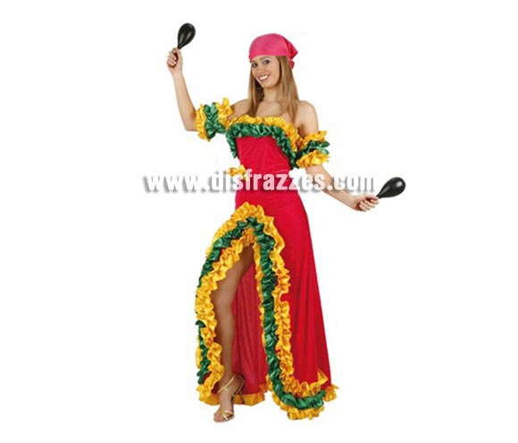 Disfraz de Brasileña Rosa para mujer. Talla 2 ó talla standar M-L = 38/42. Incluye vestido y pañuelo. Maracas NO incluidas, podrás encontrar maracas en la sección de Complementos.