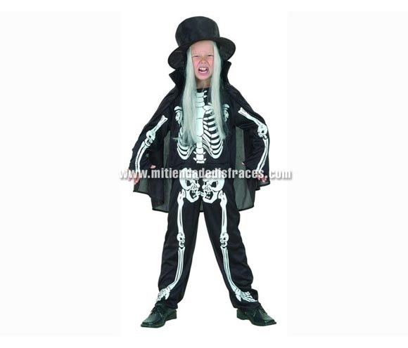 Disfraz de Esqueleto niño económico talla de 10 a 12 años. Incluye mono, sombrero y capa. Disfraz de Esqueleto para niño.