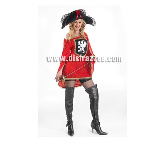 Disfraz de Mosquetera Sexy para mujer. Talla Standar ó talla standar M-L. Incluye sombrero, vestido y capa. Espada NO incluida, podrás encontrar espadas en la sección de Complementos. Botas NO incluidas.