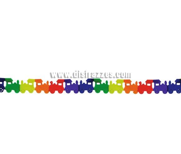 Guirnalda infantil Trenecitos de papel fantasía de 24 x 350 cm. Perfecta para decoración en Fiestas de Cumpleaños o para cualquier Fiesta de niños.