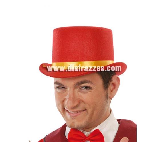 Sombrero Chistera o sombrero de copa de fieltro rojo con cinta amarilla. Es perfecta para animar a nuestra Selección Española.