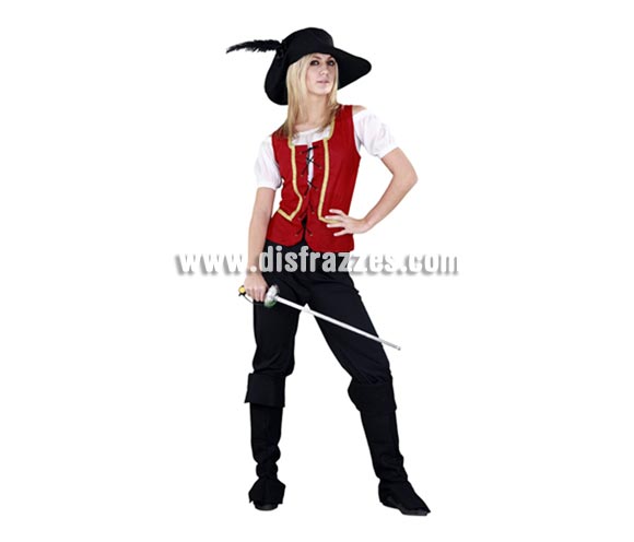 Disfraz barato de Mosquetera granate para mujer. Talla standar M-L = 38/42. Incluye sombrero, chaleco, camisa, pantalones y cubrebotas. Espada No incluida, podrás ver algún modelo en la sección Complementos. Éste traje es diferente y no es el típico disfraz de Mosquetera que siempre se ve por ahí, además tiene un buen precio.