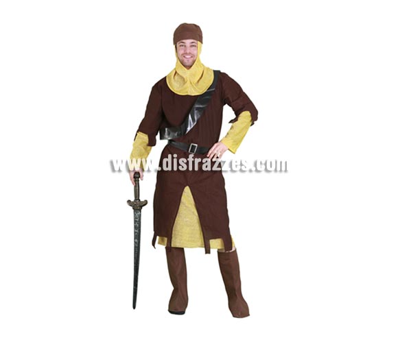 Disfraz de Guerrero Medieval para hombre. Talla standar M-L = 52/54. Incluye casco-verdugo de tela, casaca, cubrebotas, bandolera y cinturón. Espada NO incluida, podrás verla en la sección de Complementos. Un traje Medieval perfecto para Fiestas o Ferias Medievales.