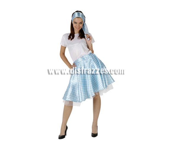 Disfraz de Chica de los años 60 blanco y azul para mujer. Talla 2 ó talla Standar M-L 38/42. Incluye cinta, camisa y falda.