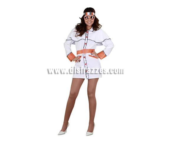 Disfraz de Chica Hippie de los años 70 para mujer. Talla Standar M-L = 38/42. Incluye cinta de la cabeza, vestido y cinturón. Gafas NO incluidas, podrás verlas en la sección de Complementos. Perfecto para Fiestas de los Años 70 que cada vez más se celebran con amigos en casas particulares.