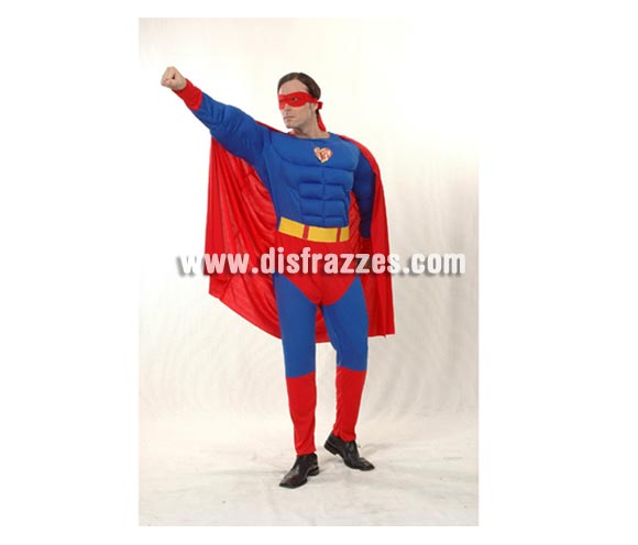 Disfraz barato de Héroe Musculoso adulto. Talla S = 48/52. Incluye mono con relleno imitando músculos, cinturón, antifaz y capa. Para disfrazarte e ir igual que el mismísimo Superman.
